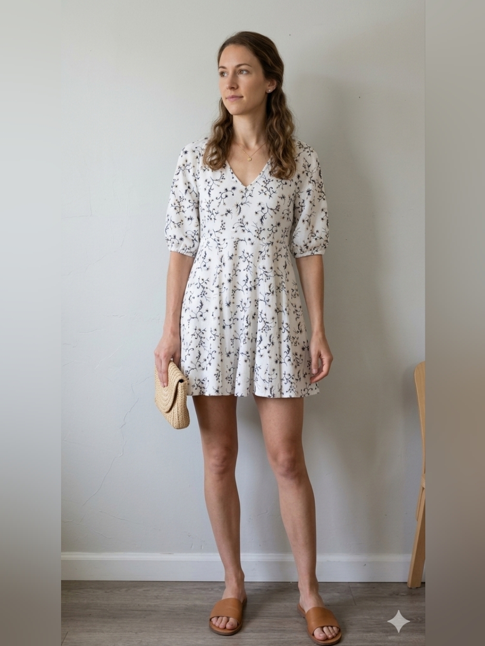 Universal Thread Bell Sleeve White Mini Dress with Black And Pink Floral Print - Picture 1 of 10